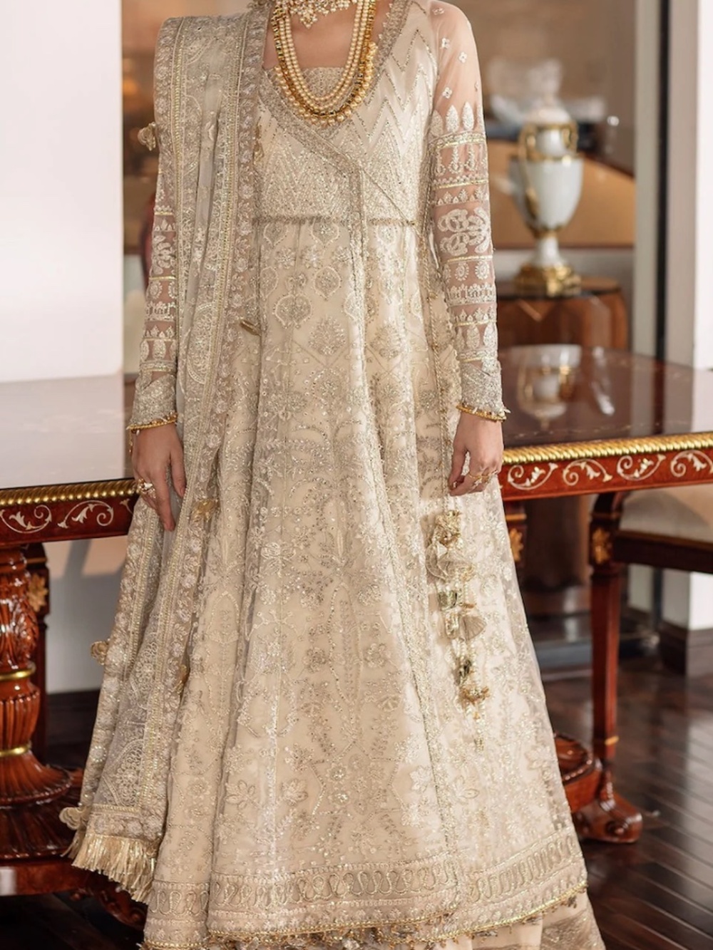 Baroque | Top | Cream with Silver Embroidery Angrakha Top
